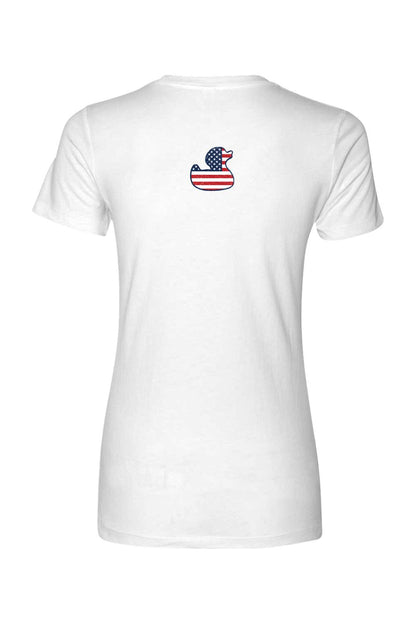 White women's cotton t-shirt featuring a small red, white, and blue American flag patterned duck graphic on the back.
