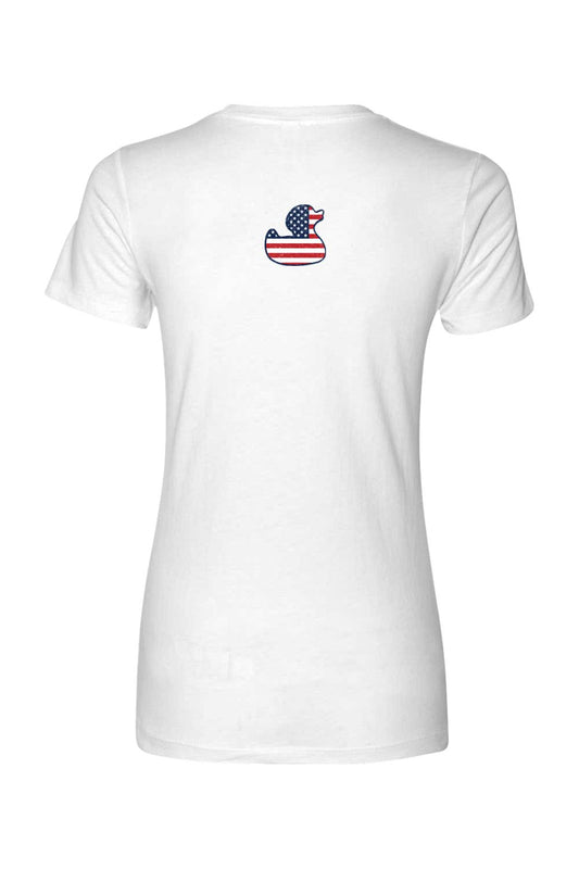 White women's cotton t-shirt featuring a small red, white, and blue American flag patterned duck graphic on the back.