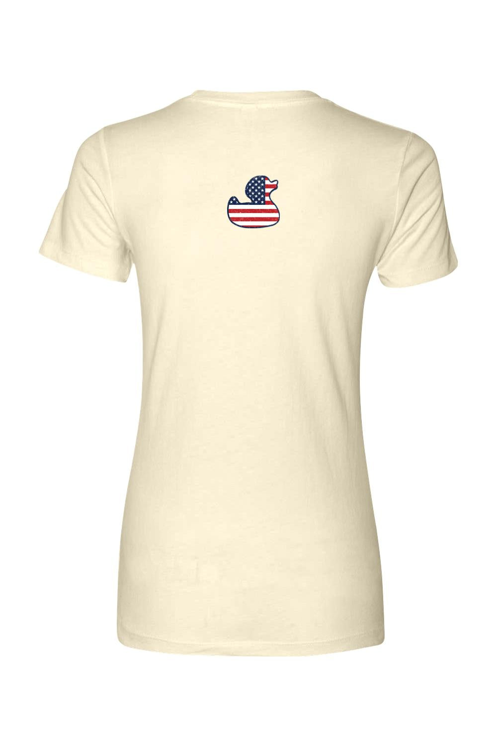 Cream-colored women's cotton t-shirt featuring a small American flag patterned rubber duck graphic on the back.