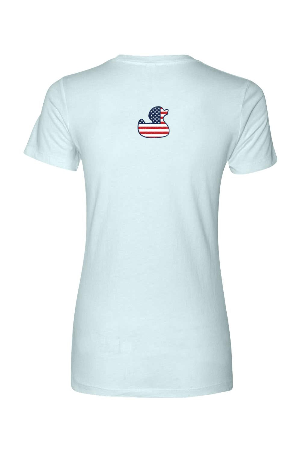 Light blue women's cotton t-shirt featuring a small American flag patterned duck graphic on the back.