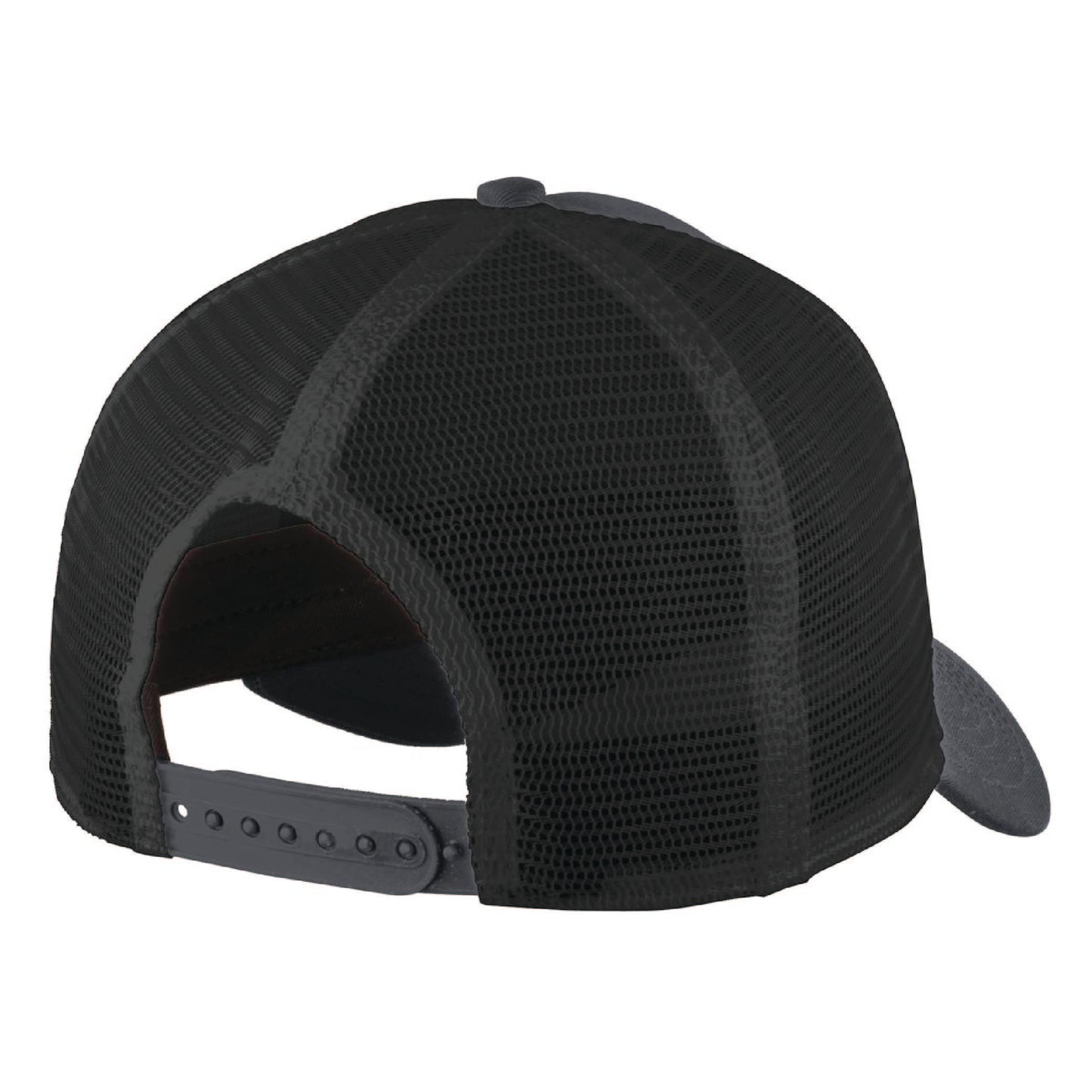 Black mesh trucker cap with a structured high-profile design and an adjustable snapback closure.