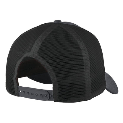 Black mesh trucker cap with a structured high-profile design and an adjustable snapback closure.