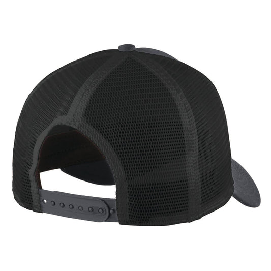 Black mesh trucker cap with a structured high-profile design and an adjustable snapback closure.