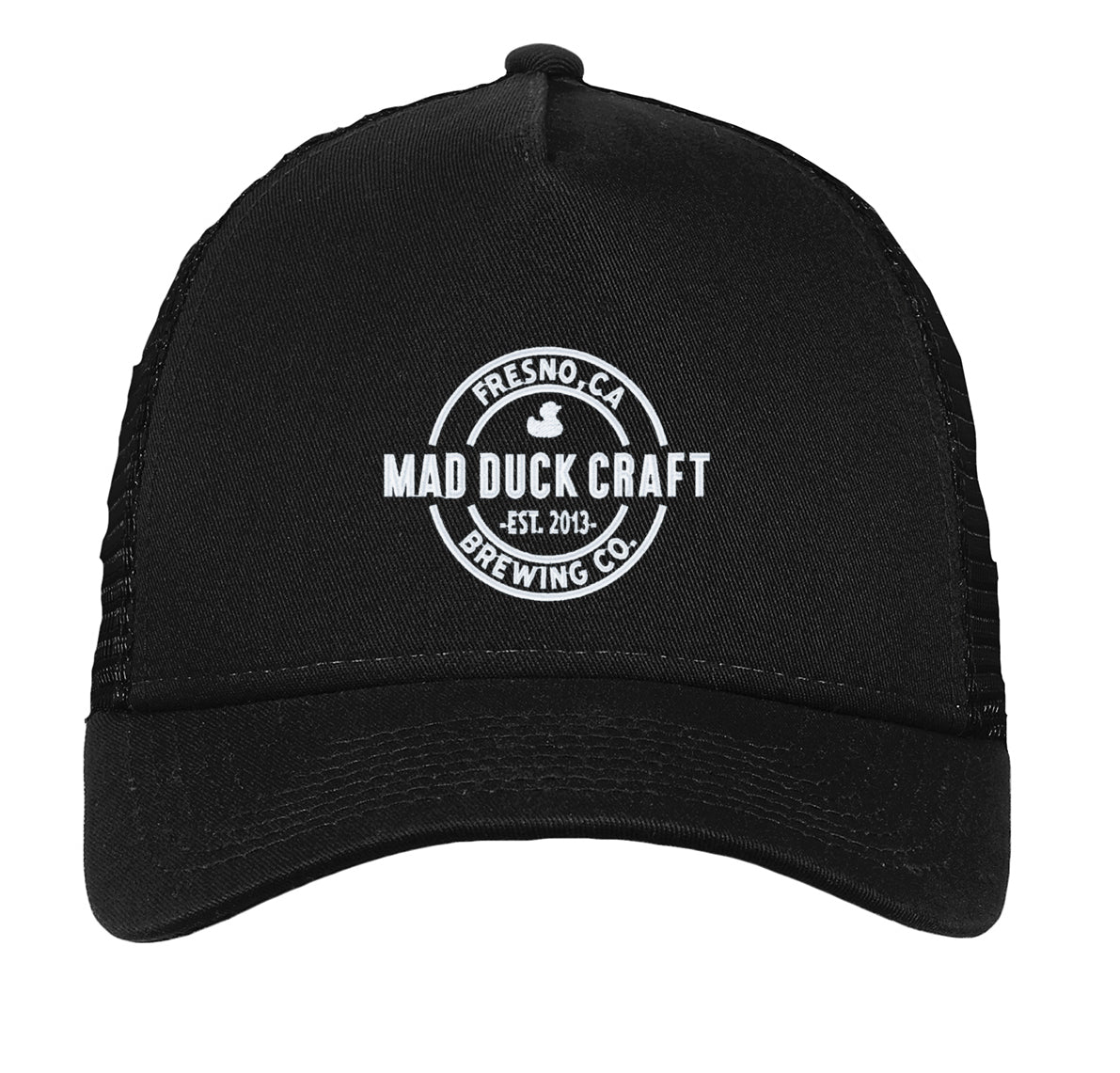 Black Mad Duck Craft Brewing snapback trucker cap with white embroidered logo, cotton front, and mesh back panels.