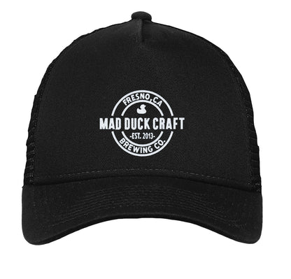Black Mad Duck Craft Brewing snapback trucker cap with white embroidered logo, cotton front, and mesh back panels.