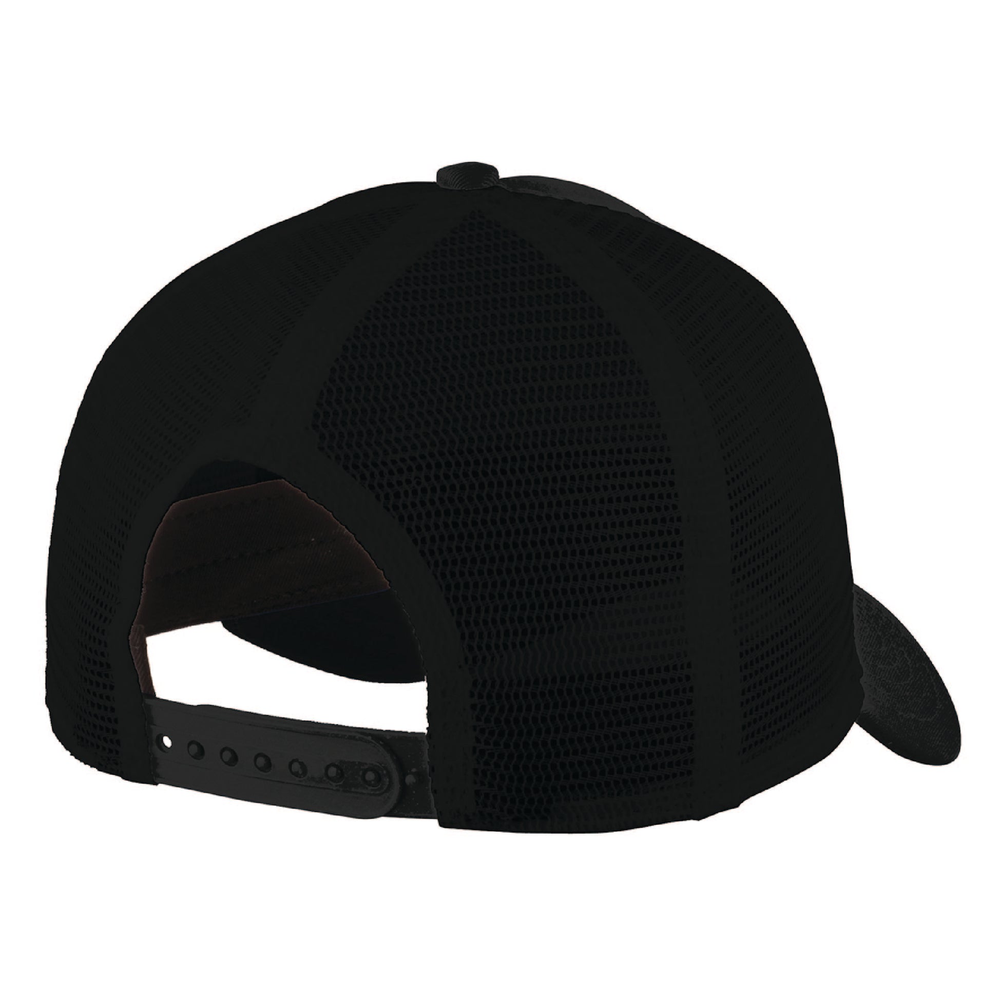 Back view of a black New Era trucker cap with breathable mesh panels and an adjustable 7-position snapback closure.
