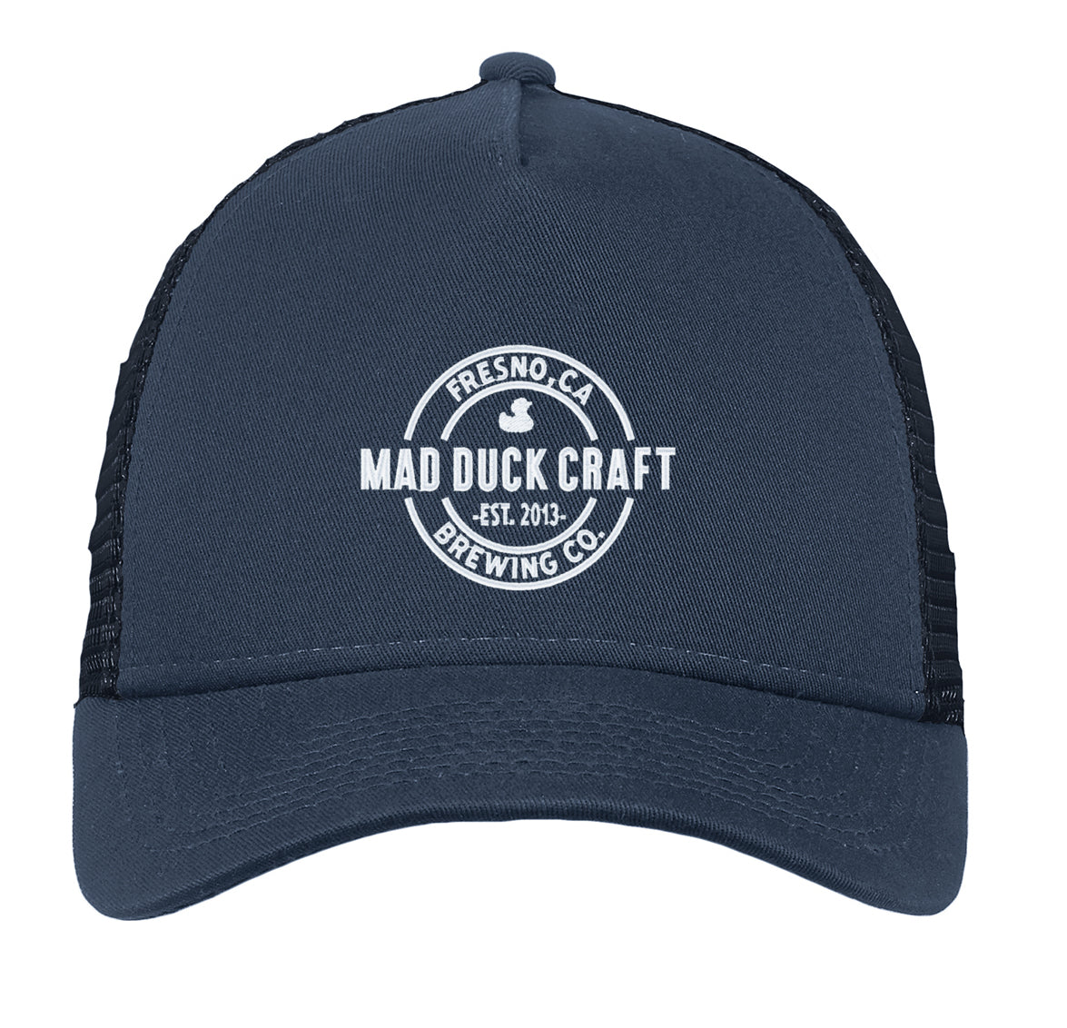 Navy blue New Era trucker cap with a white Mad Duck Craft Brewing logo, cotton twill front, and mesh back panels.