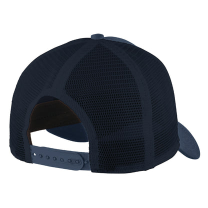 Navy blue trucker cap with breathable mesh back panels and an adjustable snapback closure.