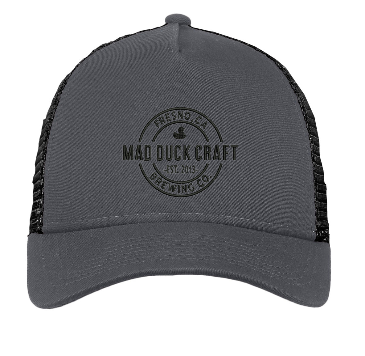 Grey 5-panel New Era trucker cap with black mesh back and embroidered Mad Duck Craft Brewing logo on the front.