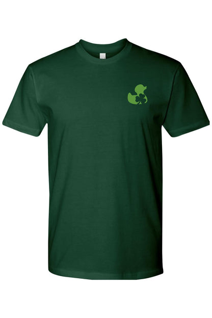 Dark green premium cotton t-shirt featuring a small light green rubber duck and shamrock logo on the chest.