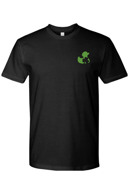 Black premium cotton t-shirt featuring a small green rubber duck logo with a shamrock design on the chest.