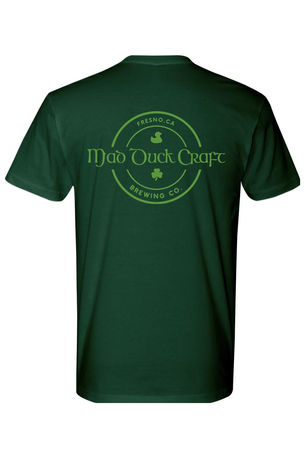 Dark green premium cotton t-shirt featuring a Mad Duck Craft Brewing Co. logo in a circular shamrock design on the back.