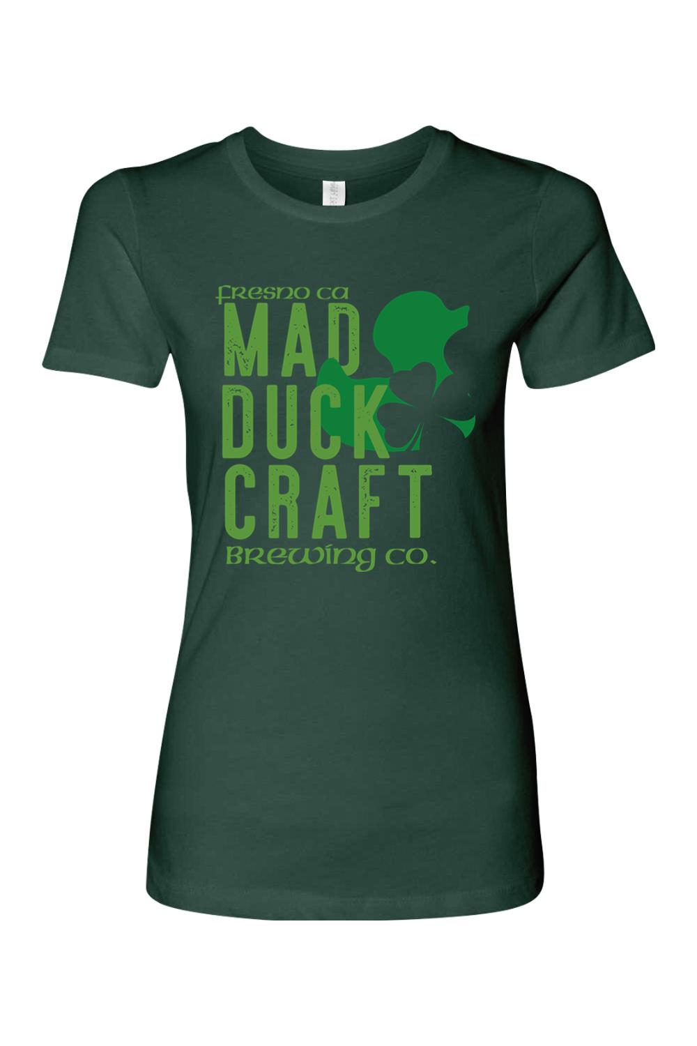 Dark green cotton women's t-shirt featuring a Mad Duck Craft Brewing Co. logo with a St. Patrick's Day shamrock design.