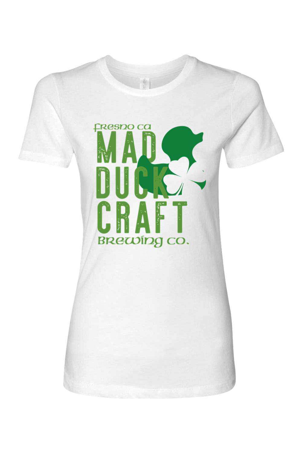 White cotton women's t-shirt featuring green Mad Duck Craft Brewing Co. text and a shamrock graphic design.