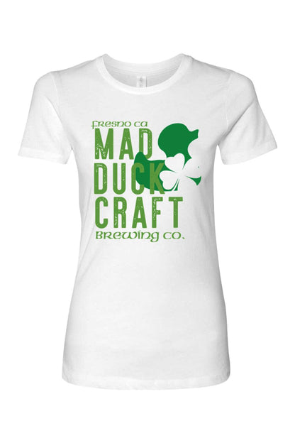 White cotton women's t-shirt featuring green Mad Duck Craft Brewing Co. text and a shamrock graphic design.