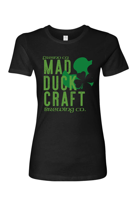 Black women's cotton t-shirt featuring a green Mad Duck Craft Brewing Co. logo with a shamrock design.