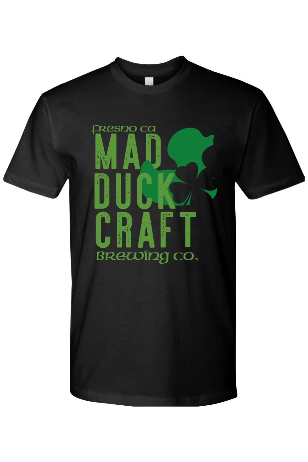 Black premium cotton t-shirt featuring a green Mad Duck Brewing Co. St. Patrick's Day graphic print.