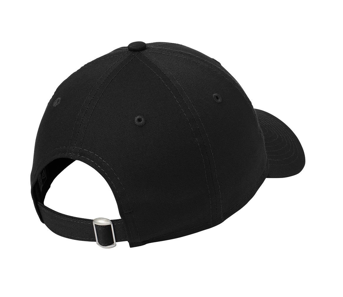 Back view of a black 100% cotton unstructured dad cap with an adjustable fabric strap and silver D-clip closure.