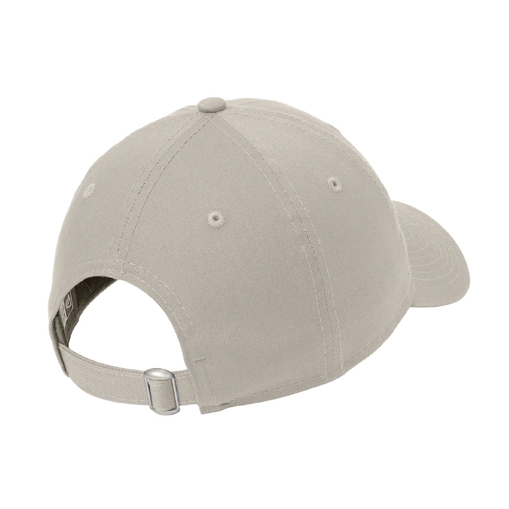 Beige unstructured cotton dad cap with an adjustable fabric strap and silver D-clip closure.