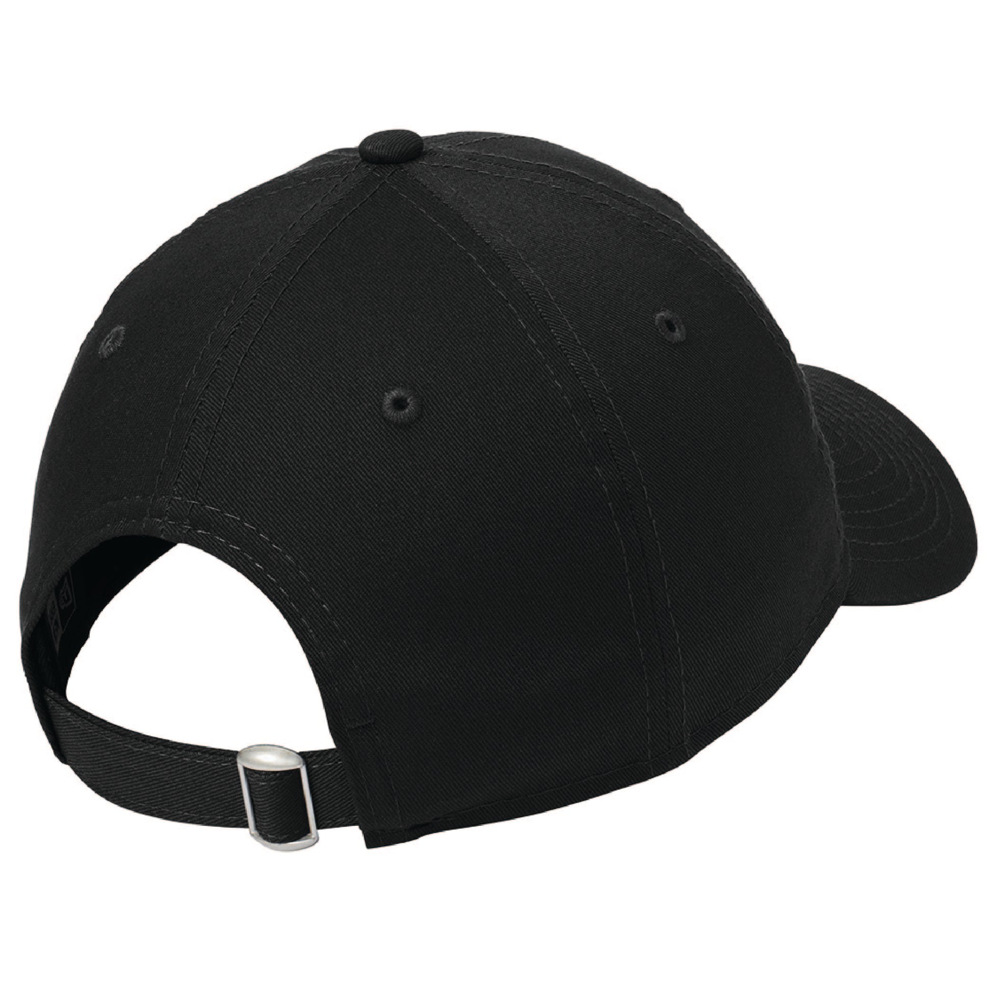 Back view of a black 100% cotton unstructured dad cap with an adjustable fabric strap and silver D-clip closure.