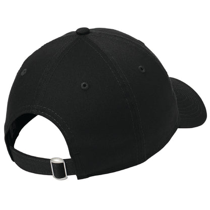 Back view of a black 100% cotton unstructured dad cap with an adjustable fabric strap and silver D-clip closure.