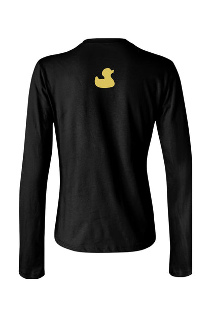 Back view of a black women's long sleeve jersey tee featuring a small yellow duck logo on the upper back.