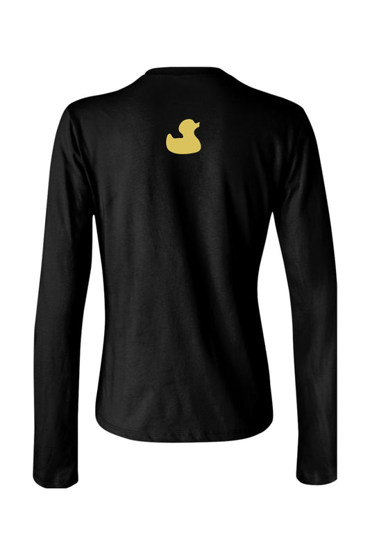 Back view of a black women's long sleeve jersey tee featuring a small yellow duck logo on the upper back.