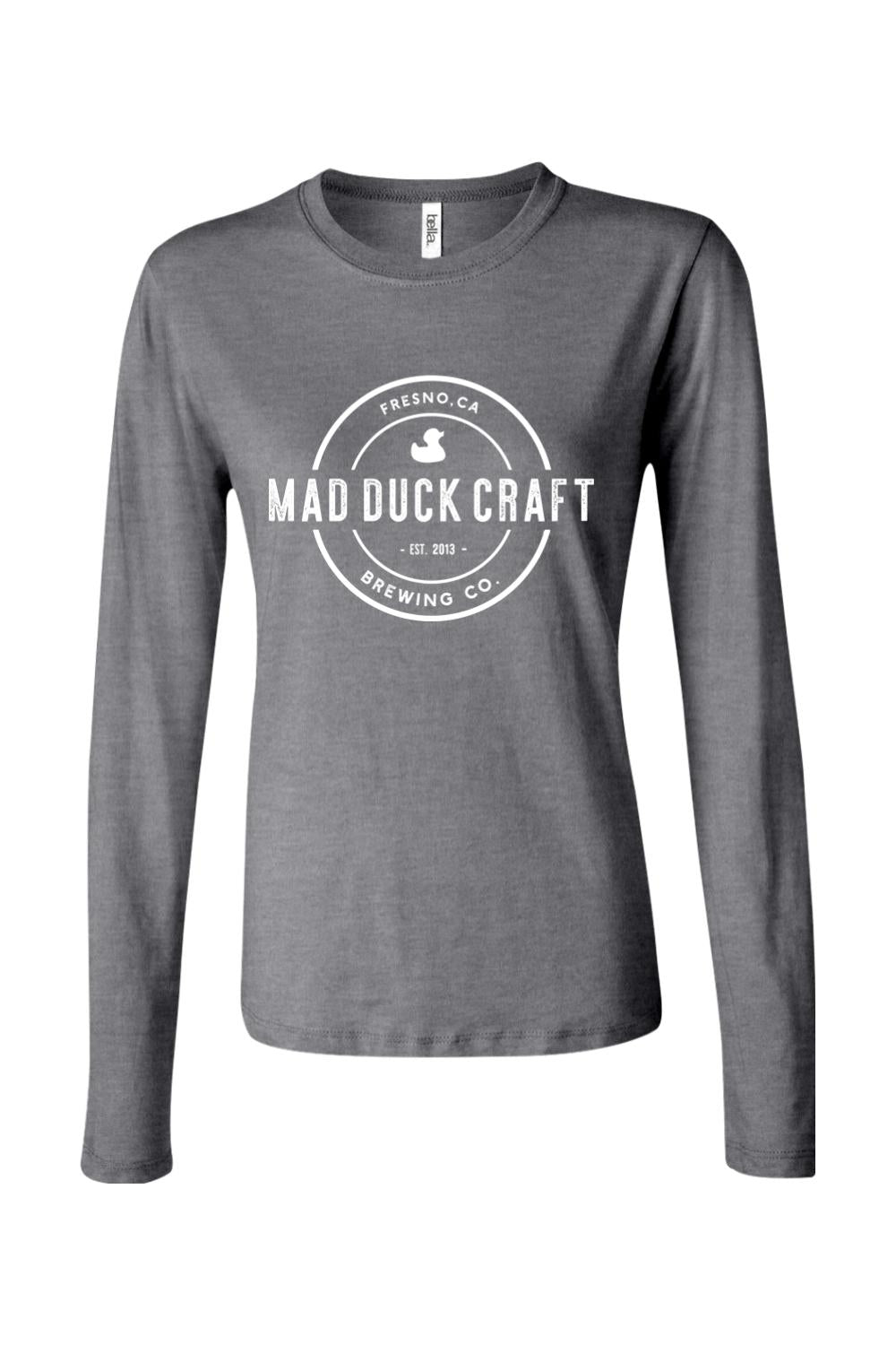 Dark heather grey women's long sleeve jersey tee with white Mad Duck Craft Brewing logo graphic on the chest.