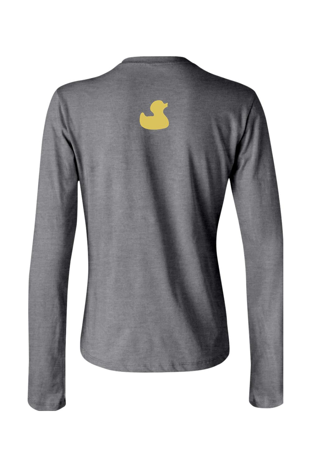 Deep heather grey women's long sleeve jersey tee with a small yellow rubber duck logo on the upper back.