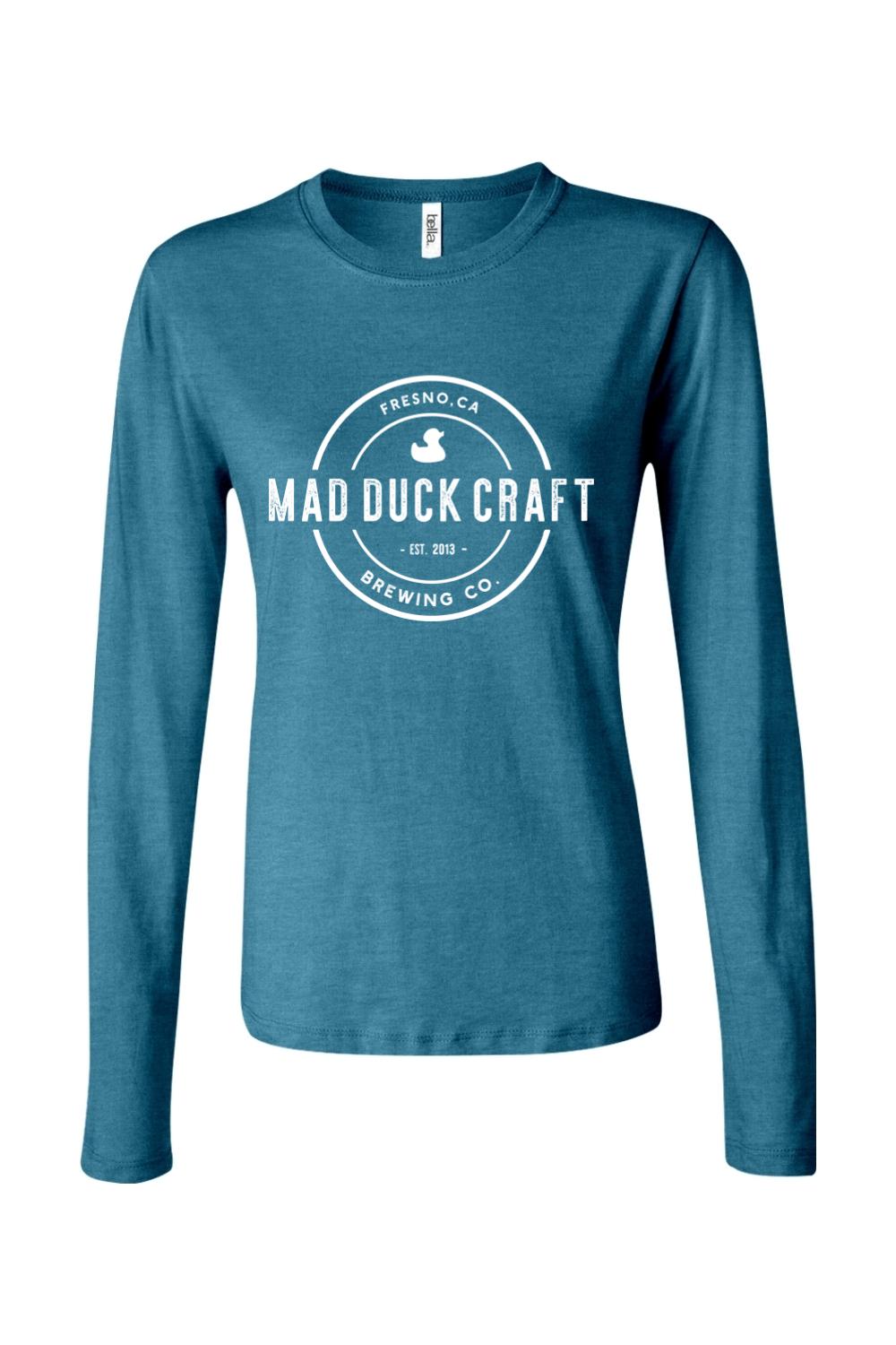 Deep heather blue women's long sleeve jersey tee with white Mad Duck Craft Brewing Co. circular logo graphic.