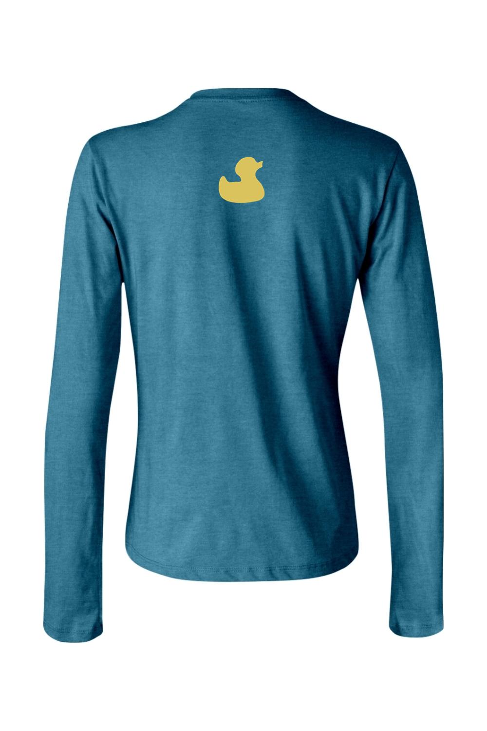 Deep heather blue women's long sleeve jersey tee featuring a small yellow duck logo on the upper back.
