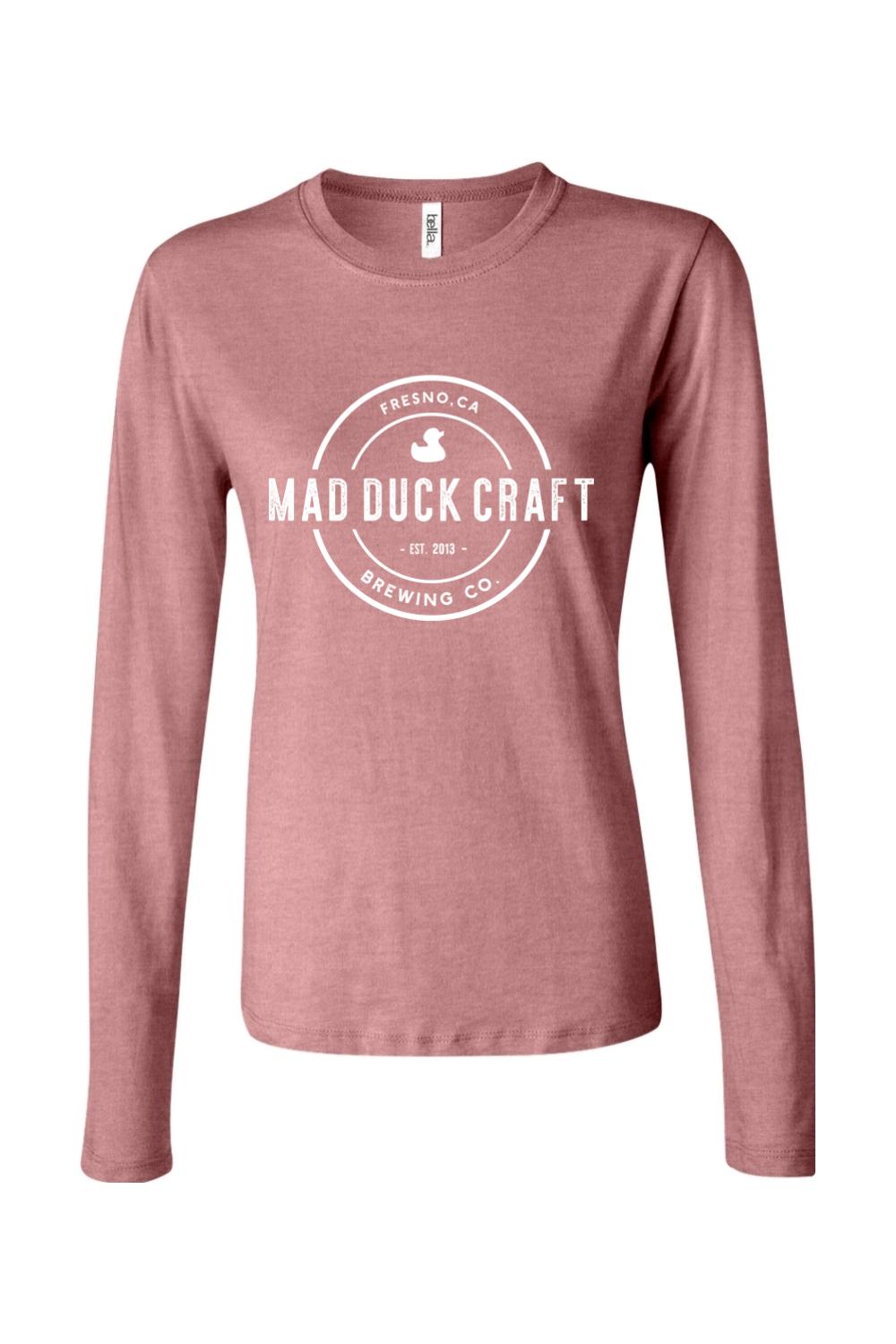 Dusty rose long sleeve jersey tee featuring a white circular Mad Duck Craft Brewing logo on the chest.