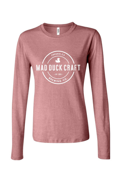 Dusty rose long sleeve jersey tee featuring a white circular Mad Duck Craft Brewing logo on the chest.