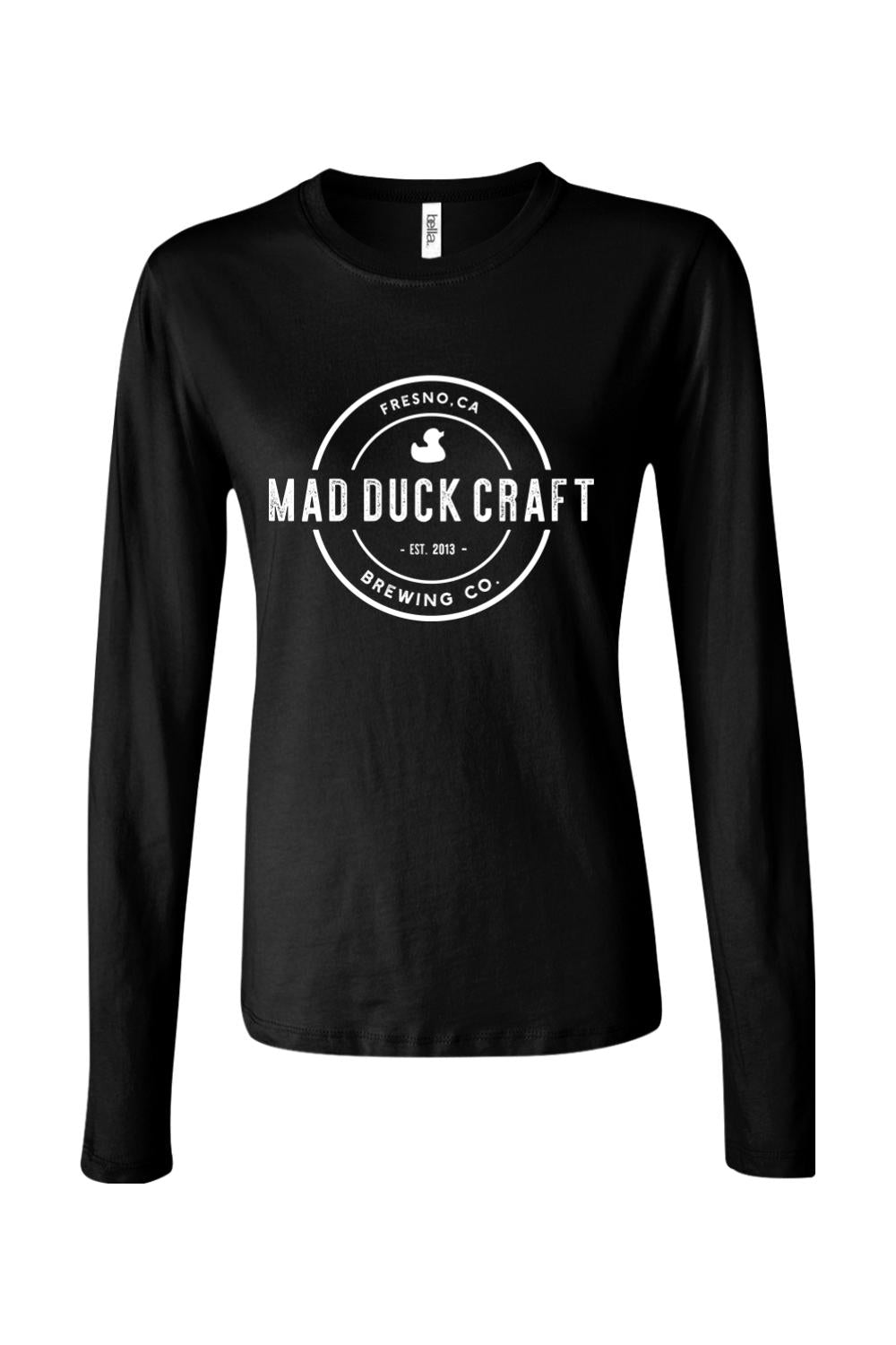 Black long sleeve jersey tee featuring a white Mad Duck Craft Brewing Co. logo on the chest.