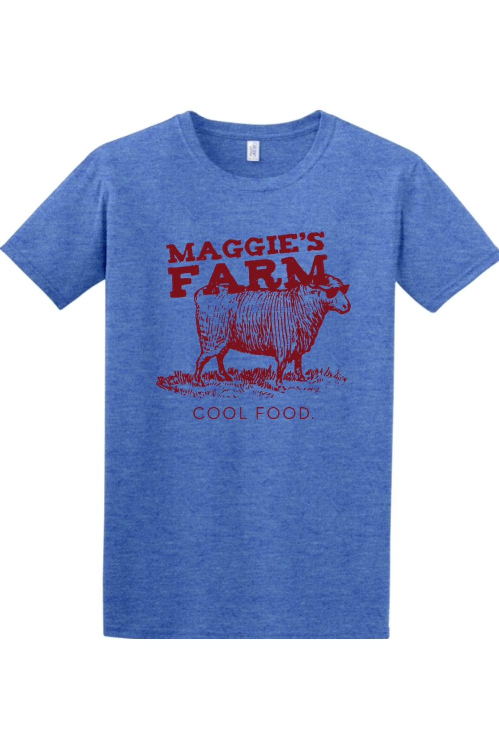 Heather blue crewneck t-shirt featuring a red graphic of a sheep wearing sunglasses with Maggie's Farm Cool Food text.