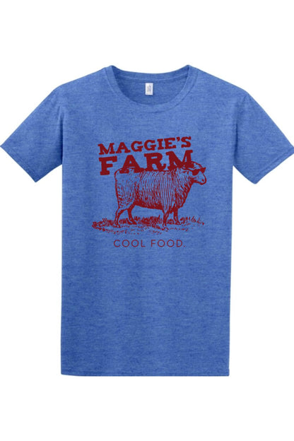 Heather blue crewneck t-shirt featuring a red graphic of a sheep wearing sunglasses with Maggie's Farm Cool Food text.