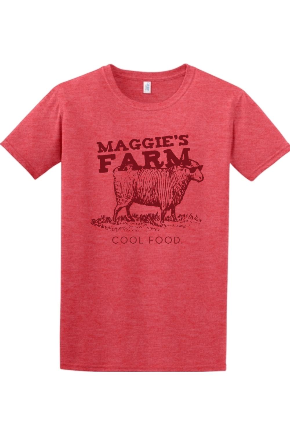 Red heathered crewneck t-shirt featuring a dark red graphic of a sheep wearing sunglasses with Maggie's Farm Cool Food text.