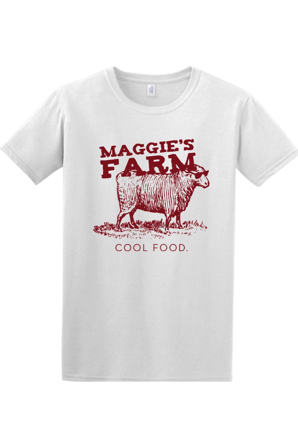 White crewneck t-shirt featuring a red graphic of a sheep wearing sunglasses with the text Maggie's Farm Cool Food.