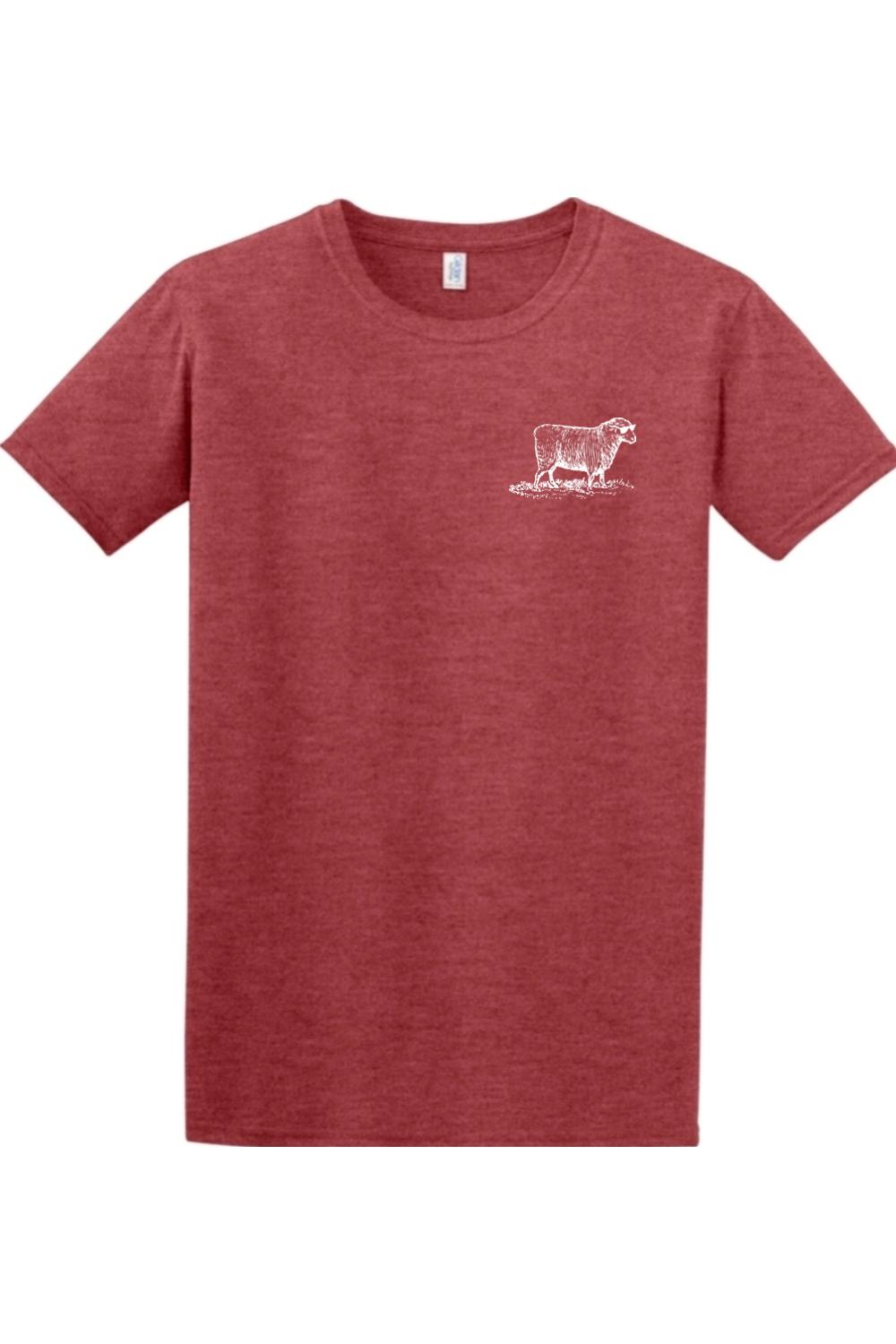 Heather red crewneck t-shirt featuring a small white line-art illustration of a sheep on the left chest.