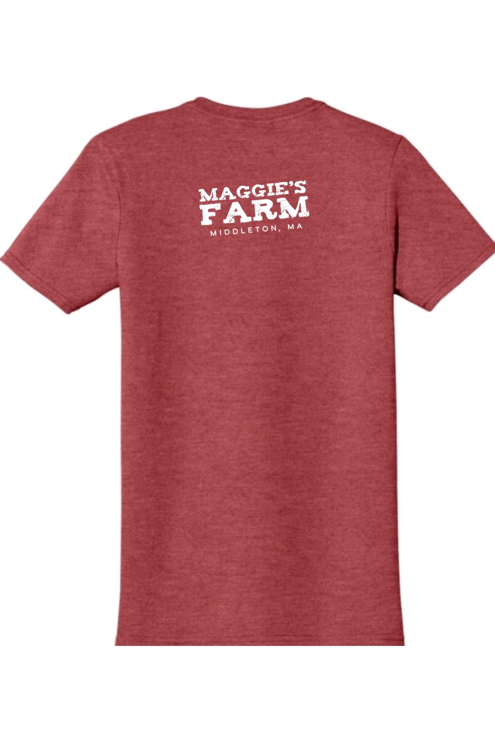 Heather red crew neck t-shirt featuring the white Maggie's Farm Middleton, MA logo printed on the back.