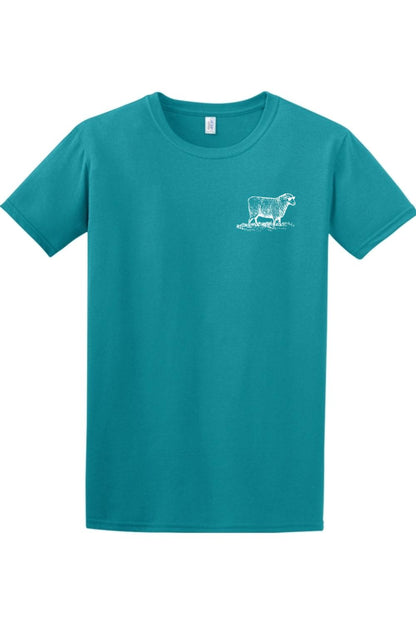 Teal crew neck t-shirt featuring a small white line-art graphic of a sheep on the left chest.
