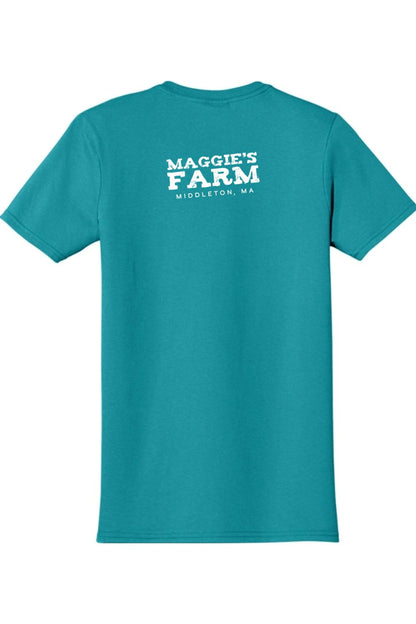 Teal crewneck t-shirt featuring a white Maggie's Farm Middleton, MA logo printed on the back.