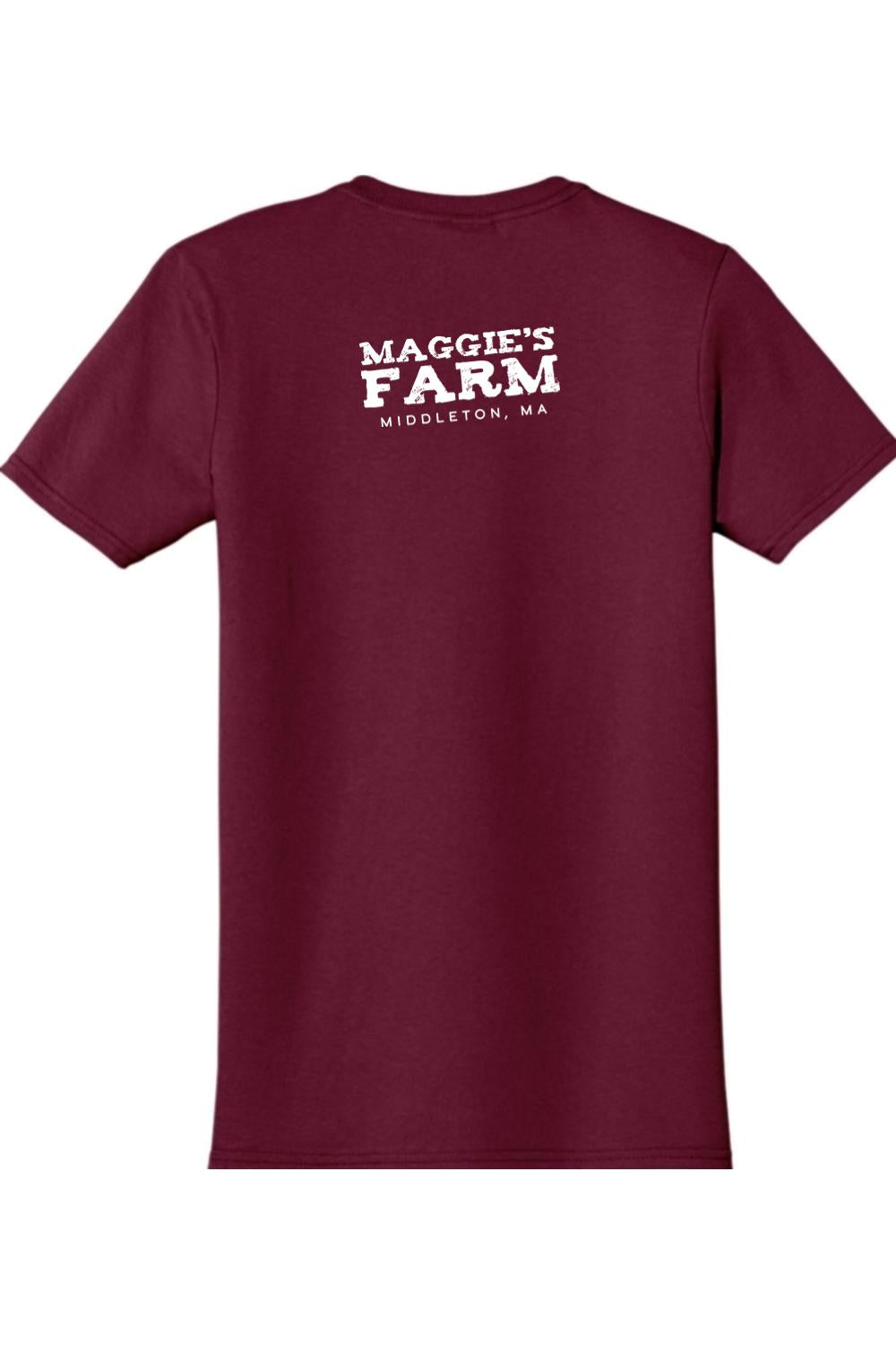 Maroon short-sleeve t-shirt featuring the white Maggie's Farm Middleton, MA logo printed on the back.