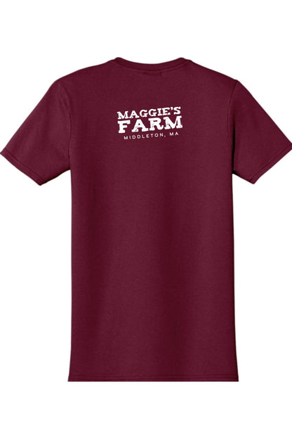 Maroon short-sleeve t-shirt featuring the white Maggie's Farm Middleton, MA logo printed on the back.