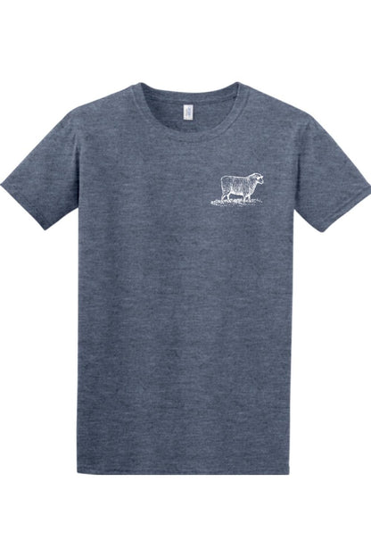 Heather navy blue crewneck t-shirt featuring a small white line-art sheep graphic on the left chest.