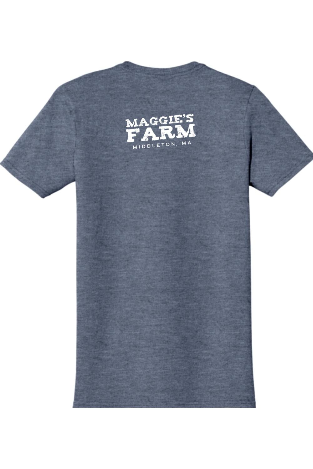 Heather navy blue crewneck t-shirt featuring a white distressed Maggie's Farm Middleton, MA logo on the back.