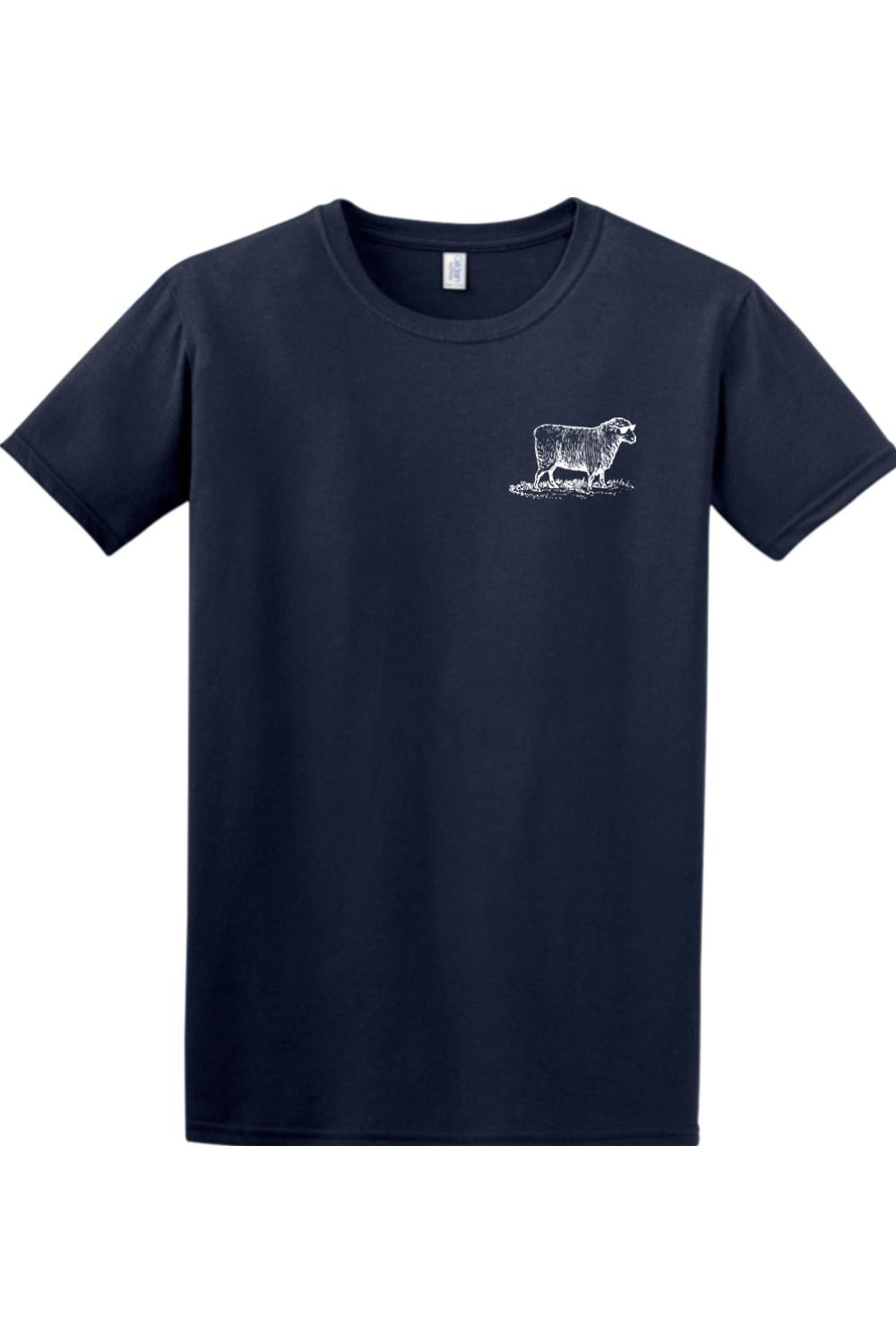 Navy blue crew neck t-shirt featuring a small white graphic of a sheep on the left chest.