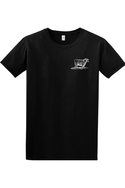 Black crew neck t-shirt featuring a small, white line-art illustration of a sheep on the left chest.