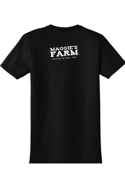 Black short-sleeve t-shirt featuring a white distressed Maggie's Farm Middleton, MA logo on the back.