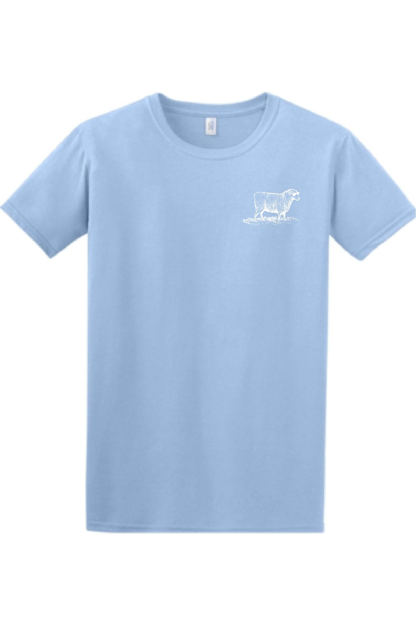 Light blue crew neck t-shirt featuring a small white graphic of a sheep wearing sunglasses on the chest.